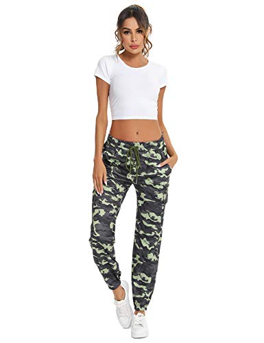 Doaraha Pantalones Deportivos Mujer Algodón Pantalón de Chándal Elásticos Transpirables con Bolsillos Laterales para Deporte Gimnasio Fitness Correr (Camuflaje Verde Militar, XL)