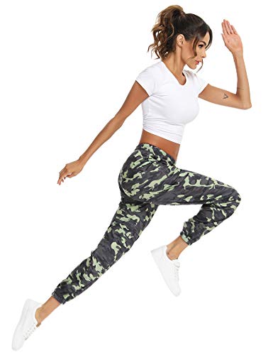 Doaraha Pantalones Deportivos Mujer Algodón Pantalón de Chándal Elásticos Transpirables con Bolsillos Laterales para Deporte Gimnasio Fitness Correr (Camuflaje Verde Militar, XL)