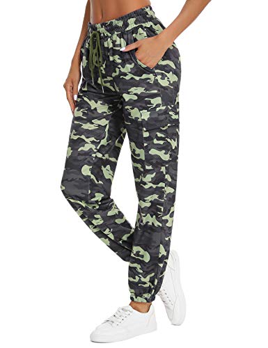 Doaraha Pantalones Deportivos Mujer Algodón Pantalón de Chándal Elásticos Transpirables con Bolsillos Laterales para Deporte Gimnasio Fitness Correr (Camuflaje Verde Militar, XL)