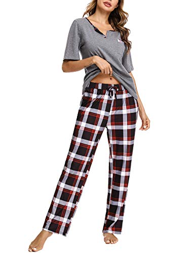 Doaraha Pijama a Cuadros para Mujer Camiseta y Pantalones Pijamas Manga Larga Celosía Ropa de Dormir de Algodón Manga Corta con Bolsillo Cuello de Muesca 2 Piezas (A#1 Gris (pantalón Largo), M)