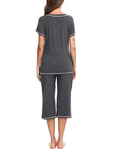Doaraha Pijamas Capri para Mujer Algodón Suave Ropa de Dormir Manga Corta Pantalones Capri Verano Corto Conjunto de Pijama 2 Piezas (Gris Oscuro, M)