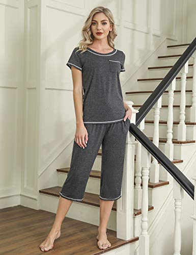 Doaraha Pijamas Capri para Mujer Algodón Suave Ropa de Dormir Manga Corta Pantalones Capri Verano Corto Conjunto de Pijama 2 Piezas (Gris Oscuro, M)
