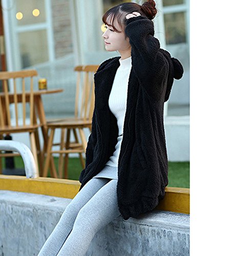 Doble Terciopelo Invierno Divertido Suave Felpa suéter Oso o Conejo Forma de Oreja Abrigo de Felpa con Precioso Conejito con Capucha Sudaderas con Capucha para Las Mujeres (Black Bear)