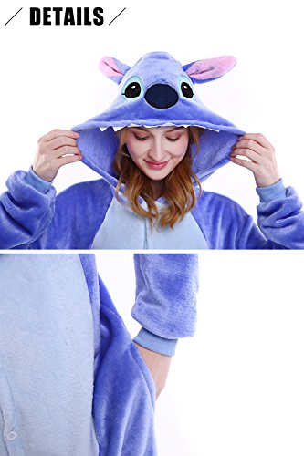 Dolamen Adulto Unisexo Onesies Kigurumi Pijamas, Mujer Hombres Traje Disfraz Animal Pyjamas, Ropa de Dormir Halloween Cosplay Navidad Animales de Vestuario (Large (65"-68.8"), Stitch)