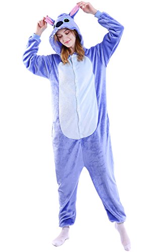 Dolamen Adulto Unisexo Onesies Kigurumi Pijamas, Mujer Hombres Traje Disfraz Animal Pyjamas, Ropa de Dormir Halloween Cosplay Navidad Animales de Vestuario (Large (65"-68.8"), Stitch)