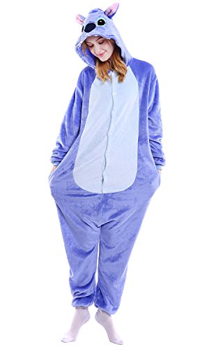 Dolamen Adulto Unisexo Onesies Kigurumi Pijamas, Mujer Hombres Traje Disfraz Animal Pyjamas, Ropa de Dormir Halloween Cosplay Navidad Animales de Vestuario (Large (65"-68.8"), Stitch)