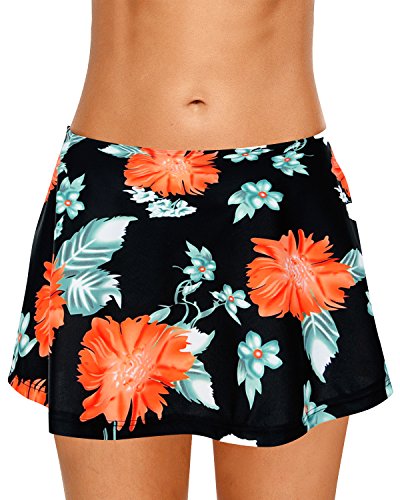 Dolamen Women Swim Skirt Shorts, 2018 Ladies Girls Swimwear Bottoms with Brief Short Skirted Mini Bikini Swimming Costumes Swimsuit Beachwear (Large, Blackflowers)