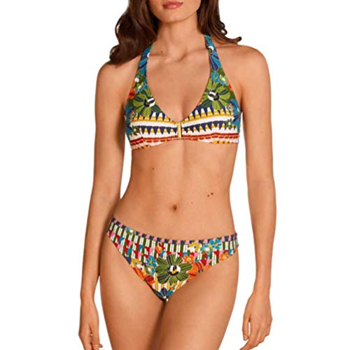 DOLORES CORTES Bikini de Mujer Escote Halter Copa B 1763-3 - Estampado Verde, 46/L