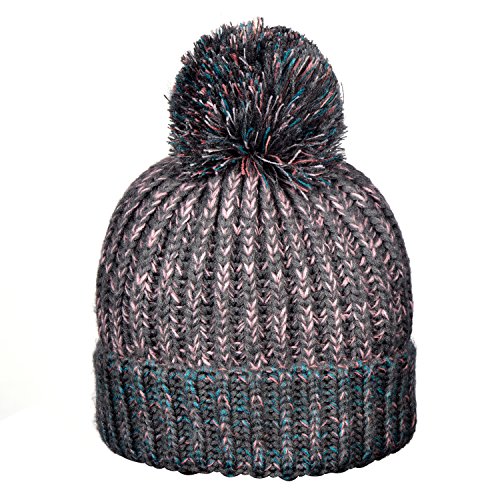 DonDon Mujer Gorro de Invierno Gorro de Punto Forrado Caliente y Suave con pompón - Gris Rosa Turquesa