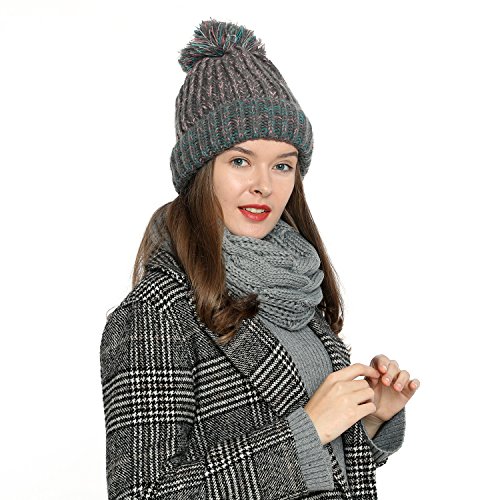 DonDon Mujer Gorro de Invierno Gorro de Punto Forrado Caliente y Suave con pompón - Gris Rosa Turquesa