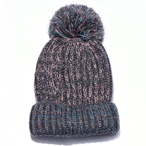 DonDon Mujer Gorro de Invierno Gorro de Punto Forrado Caliente y Suave con pompón - Gris Rosa Turquesa
