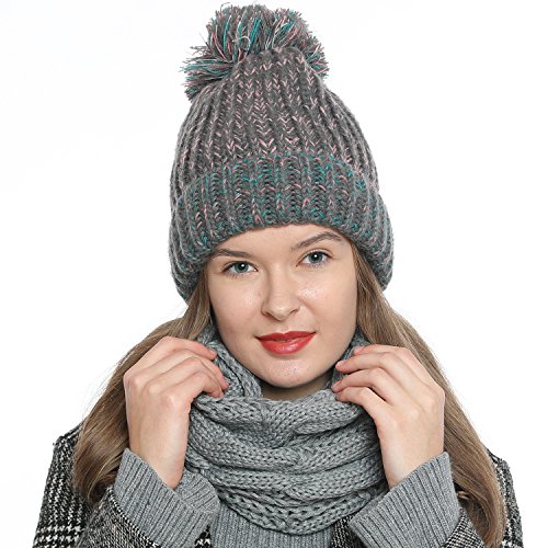 DonDon Mujer Gorro de Invierno Gorro de Punto Forrado Caliente y Suave con pompón - Gris Rosa Turquesa