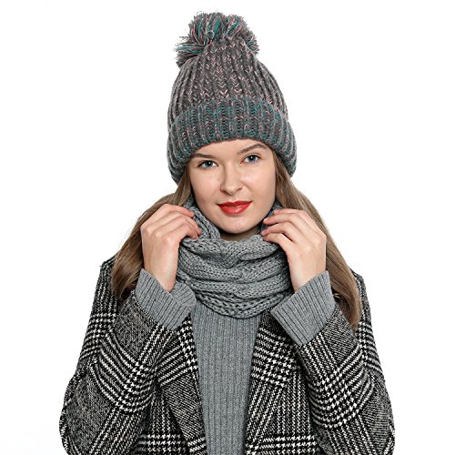 DonDon Mujer Gorro de Invierno Gorro de Punto Forrado Caliente y Suave con pompón - Gris Rosa Turquesa