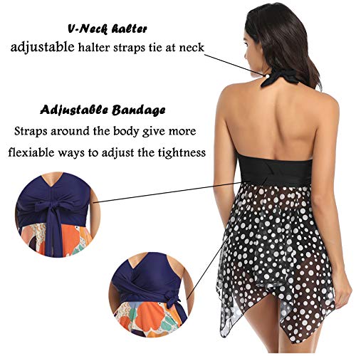 Donpapa Mujer Traje de Baño Tankinis Hálter Falda Push Up Bikini Conjunto de Malla Playa Ropa de Baño de Cintura Alta(Punto Negro L)