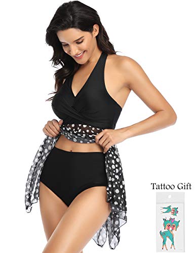 Donpapa Mujer Traje de Baño Tankinis Hálter Falda Push Up Bikini Conjunto de Malla Playa Ropa de Baño de Cintura Alta(Punto Negro L)