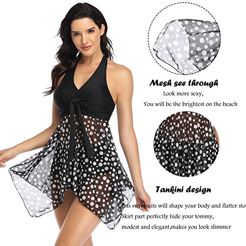 Donpapa Mujer Traje de Baño Tankinis Hálter Falda Push Up Bikini Conjunto de Malla Playa Ropa de Baño de Cintura Alta(Punto Negro L)