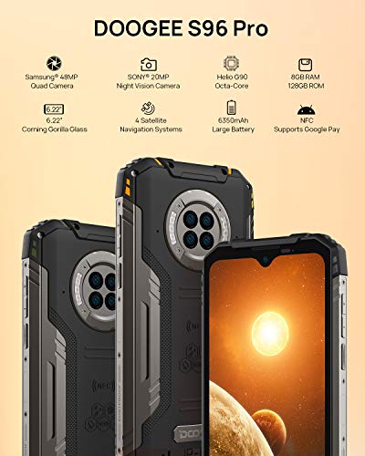 DOOGEE S96 Pro 8GB RAM + 128GB ROM, Smartphone 4G, Cámara Cuádruple 48MP, Visión Nocturna + Frontal 16MP, 6350mAh Movil Android 10, 6.22 HD+, NFC, GPS, IP68 IP69K Resistente al Agua, Golpes, Naranja