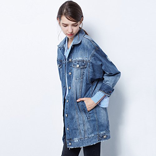 Dooxi Mujer Suelto Manga Larga Chaqueta De Mezclilla Otoño Casual Larga Vaquero Chaquetas Azul XL