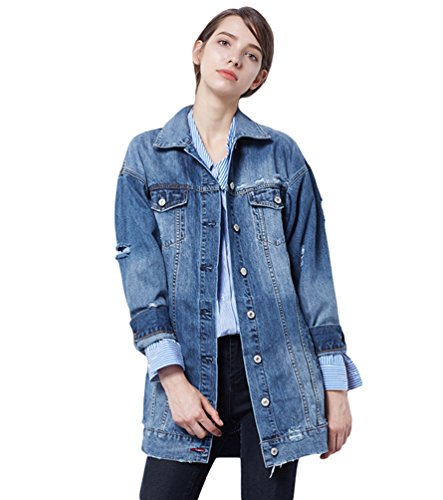 Dooxi Mujer Suelto Manga Larga Chaqueta De Mezclilla Otoño Casual Larga Vaquero Chaquetas Azul XL