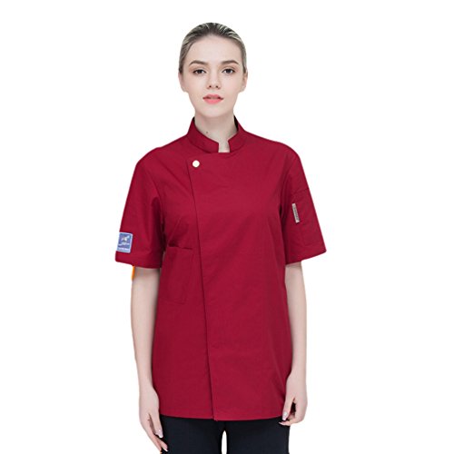 Dooxii Unisexo Mujeres Hombre Moda Verano Manga Corta Camisa de Cocinero Transpirable Chaquetas de Chef Uniforme Cocina Restaurante Occidental Rojo M