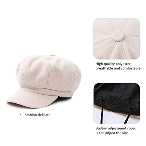 DORRISO Elegante Mujer Gorra Boina Primavera Otoño Invierno Viajar Vacaciones Compras Ocio Beret Gorra de Boina Ajustable 54-60CM Mujer Sombrero Octogonal Beige