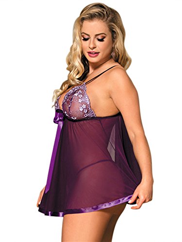 DotVol Mujer Plus Talla Sexy Lencería Enacje Brillante Lentejuela Transparente Picardías Ropa de Dormir(US 2XL/Etiqueta 3XL, Violeta)