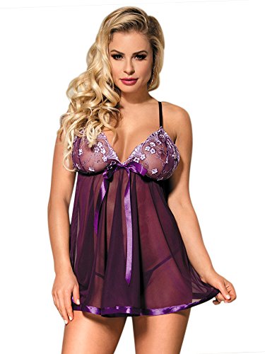 DotVol Mujer Plus Talla Sexy Lencería Enacje Brillante Lentejuela Transparente Picardías Ropa de Dormir(US 2XL/Etiqueta 3XL, Violeta)