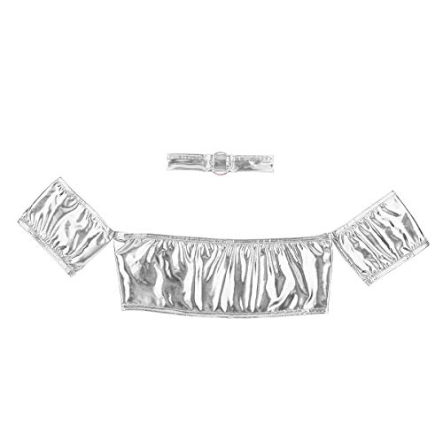 dPois Camiseta + Gargantilla Crop Top Bandeau Hombros Descubiertos Mujer Sexy Chaleco Bodysuit Bustier de Latex Atractiva Tank Tops Manga Corta Punk Wet Look Danza Clubwear Plateado One Size