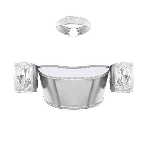 dPois Camiseta + Gargantilla Crop Top Bandeau Hombros Descubiertos Mujer Sexy Chaleco Bodysuit Bustier de Latex Atractiva Tank Tops Manga Corta Punk Wet Look Danza Clubwear Plateado One Size