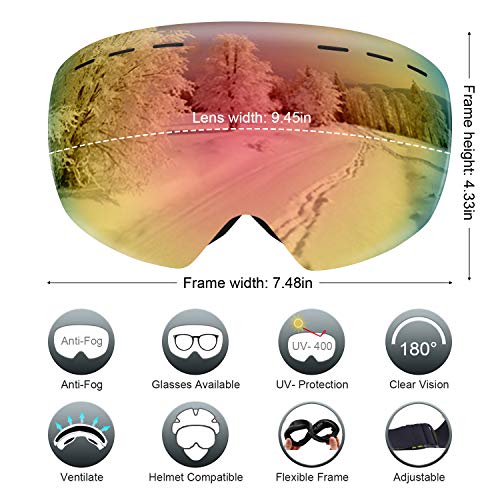 Dracarys Gafas de Esquí - Anti Niebla Protección UV Sin Marco con Lentes Esféricas Intercambiables sobre Las Gafas Casco Compatible Ajustables la Correa Hombre Mujer Adultos Juventud Gafas de Esquí
