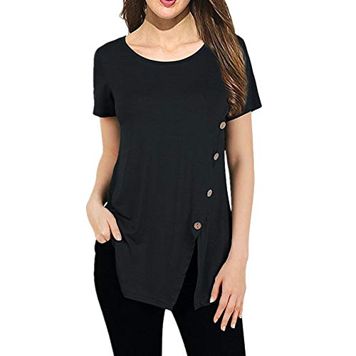DREAMING-Summer Ms. Buttoned Camiseta De Manga Corta Falda De Bifurcación Camiseta Casual Top Negro M