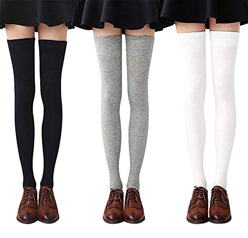 DRESHOW 3 Pares Calcetines Hasta la Rodilla para Mujer, Raya Escuela de Cosplay Casual Sobre la Rodilla Medias Hasta el Muslo Calcetines Largos