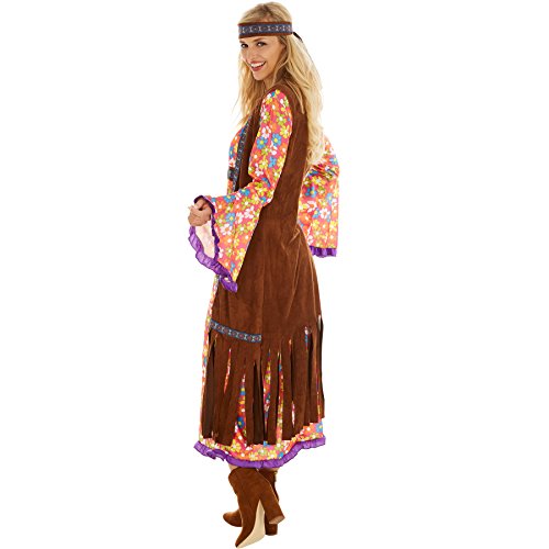 dressforfun Disfraz de Hippie Srta. Peacemaker para Mujer | Espectacular Eestido Largo con Chaleco de Imitación de Terciopelo | Incl. Cabeza (M | No. 300933)