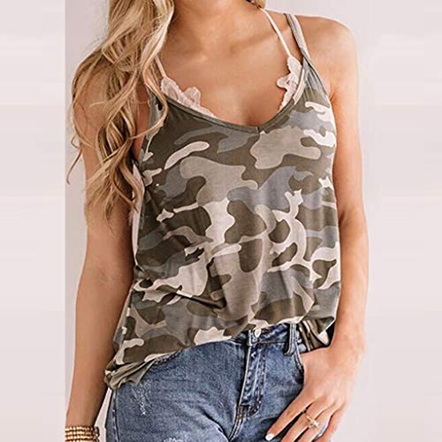 DressLksnf Camisetas sin Mangas Chaleco Mujer Tank Tops para Dama Hombro sin Tirantes Camisola Camisas Mujer Cuello en V Impresión Girasol Camuflaje Moda Casual Manga Corta