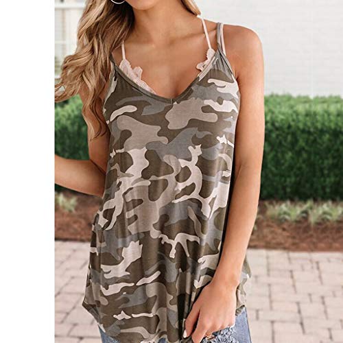 DressLksnf Camisetas sin Mangas Chaleco Mujer Tank Tops para Dama Hombro sin Tirantes Camisola Camisas Mujer Cuello en V Impresión Girasol Camuflaje Moda Casual Manga Corta