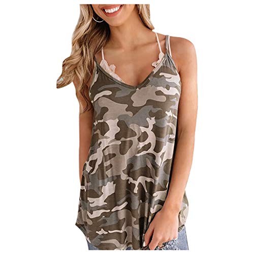 DressLksnf Camisetas sin Mangas Chaleco Mujer Tank Tops para Dama Hombro sin Tirantes Camisola Camisas Mujer Cuello en V Impresión Girasol Camuflaje Moda Casual Manga Corta