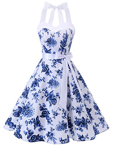 DRESSTELLS Version 3.0 - Vestido de cóctel de lunares con cuello halter, estilo vintage Audrey Hepburn de los años 50 White Blue Flower XL