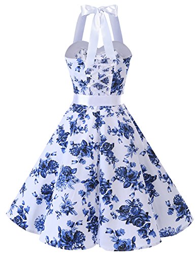 DRESSTELLS Version 3.0 - Vestido de cóctel de lunares con cuello halter, estilo vintage Audrey Hepburn de los años 50 White Blue Flower XL