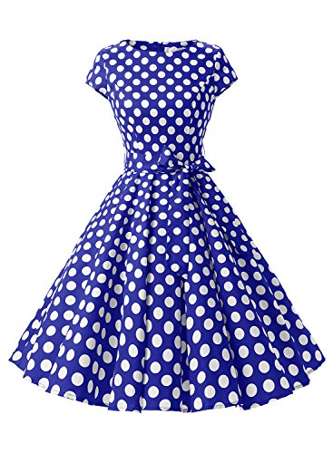 Dressystar Vestidos Coctel Corto Vintage 50s 60s Manga Corta Rockabilly Elegante Mujer Azulreal Blanco Lunares B L