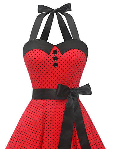 Dressystar Vestidos Corto Cuello Halter Estampado Flores y Lunares Vintage Retro Fiesta 50s 60s Rockabilly Mujer Rojo B XS