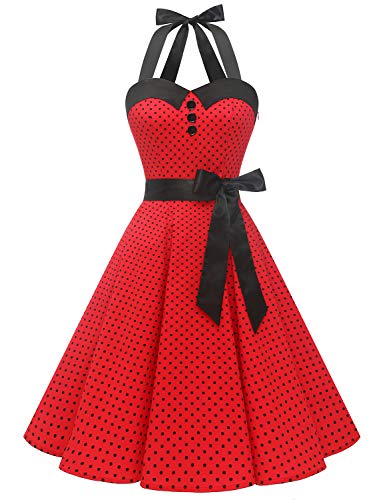 Dressystar Vestidos Corto Cuello Halter Estampado Flores y Lunares Vintage Retro Fiesta 50s 60s Rockabilly Mujer Rojo B XS