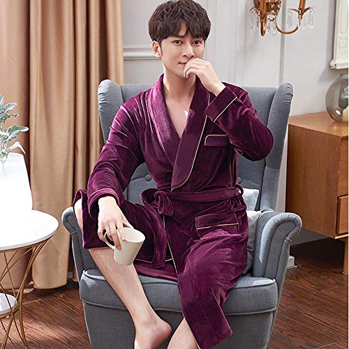 DSHUJC Albornoz para Hombre, Ropa de Dormir de Invierno, Kimono de Terciopelo, de Manga Larga, Bata para Hombre, Bata de Invierno Acolchada para Mantener el Calor, Bat