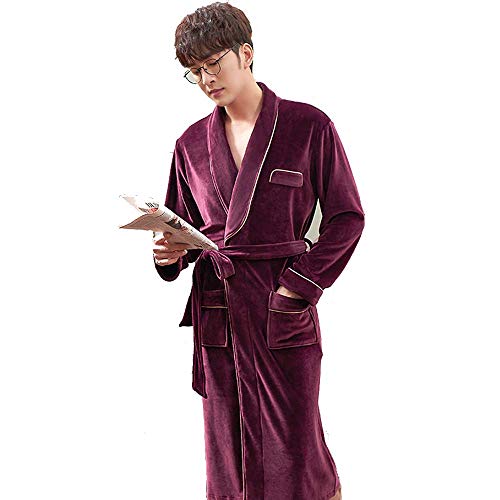 DSHUJC Albornoz para Hombre, Ropa de Dormir de Invierno, Kimono de Terciopelo, de Manga Larga, Bata para Hombre, Bata de Invierno Acolchada para Mantener el Calor, Bat