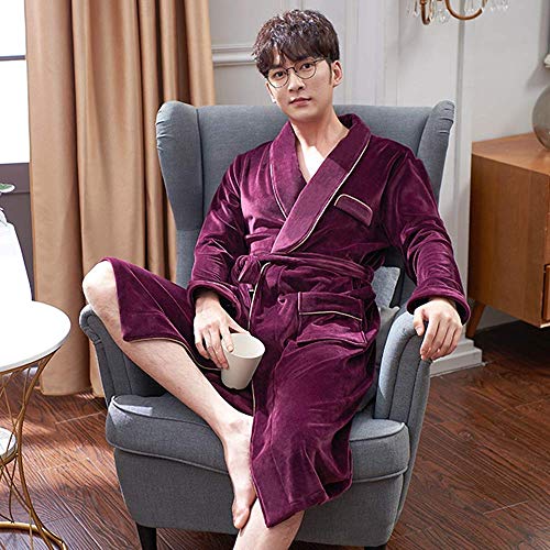 DSHUJC Albornoz para Hombre, Ropa de Dormir de Invierno, Kimono de Terciopelo, de Manga Larga, Bata para Hombre, Bata de Invierno Acolchada para Mantener el Calor, Bat