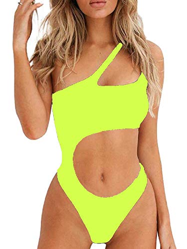 Ducomi Joy - Bañador entero para mujer - Traje de baño entero - Bikini de una sola bola con corte en la cintura, top push up acolchado y brasileño - Beachwear sexy para playa y piscina Fluo Yellow L