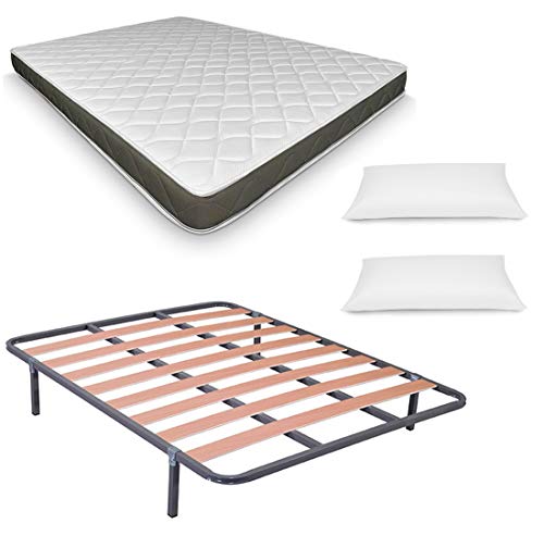 Duérmete Online Cama Completa con Colchón Fresh Reversible (Cara Invierno/Verano) + Somier Basic + Almohadas, Conjunto, Blanco/Gris Antracita, 150x190