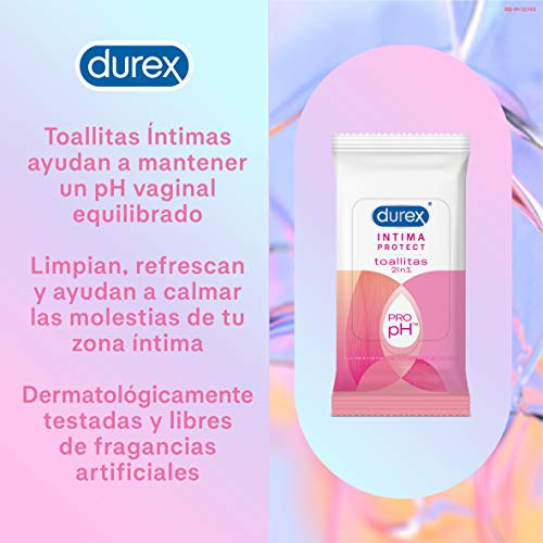 Durex Intima Protect Toallitas Íntimas 2In1, Fórmula Pro-Ph, Libre De Colorantes Artificiales - 20 toallitas