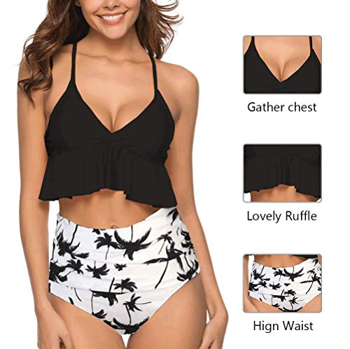 DURINM Conjunto de Bikini Sexy Mujer de Cintura Alta Traje de Baño de Dos Piezas Volantes Correas de Espagueti Bañador Plisado Estampado Rayas Ropa de Playa
