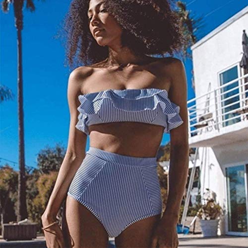 DURINM Conjuntos De Bikini Rayas Talle Alto Retro Brasileños Mujer Sexy Traje De Baño Cuello Halter Strapless Top Bikini Push Up Anudado Tanga Braga Bikini