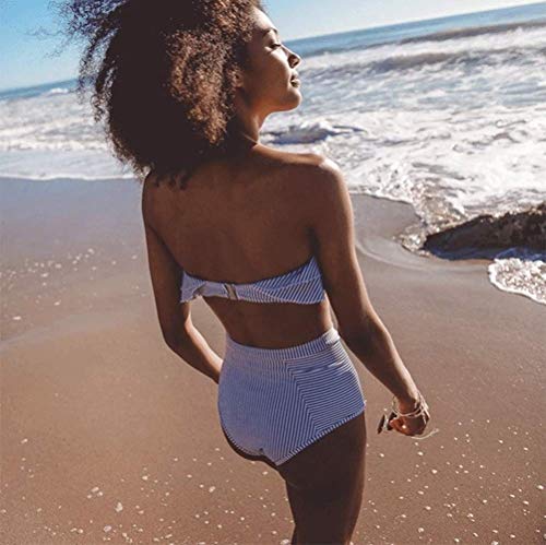 DURINM Conjuntos De Bikini Rayas Talle Alto Retro Brasileños Mujer Sexy Traje De Baño Cuello Halter Strapless Top Bikini Push Up Anudado Tanga Braga Bikini